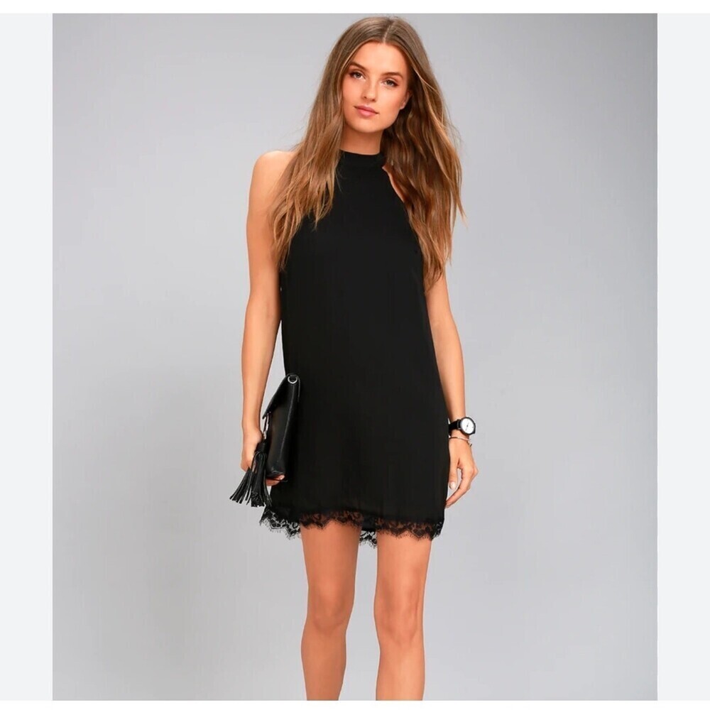 LuLus Bywater Black Lace Swing Dress LBD lightweight halter top SZ SM